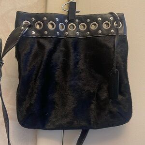 Aqua Madonna calf hair shoulder bag with grommet accents, preowned, excellen